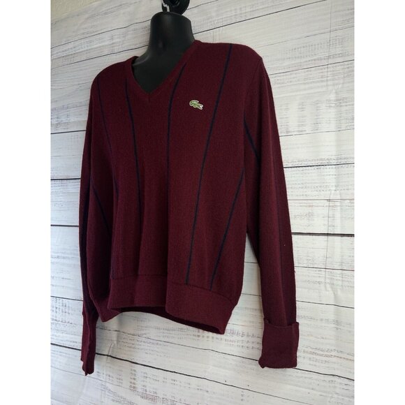 Izod Lacoste Sweater Men's L Burgundy V-Neck Orlon Acrylic Made in USA Preppy - Picture 3 of 11